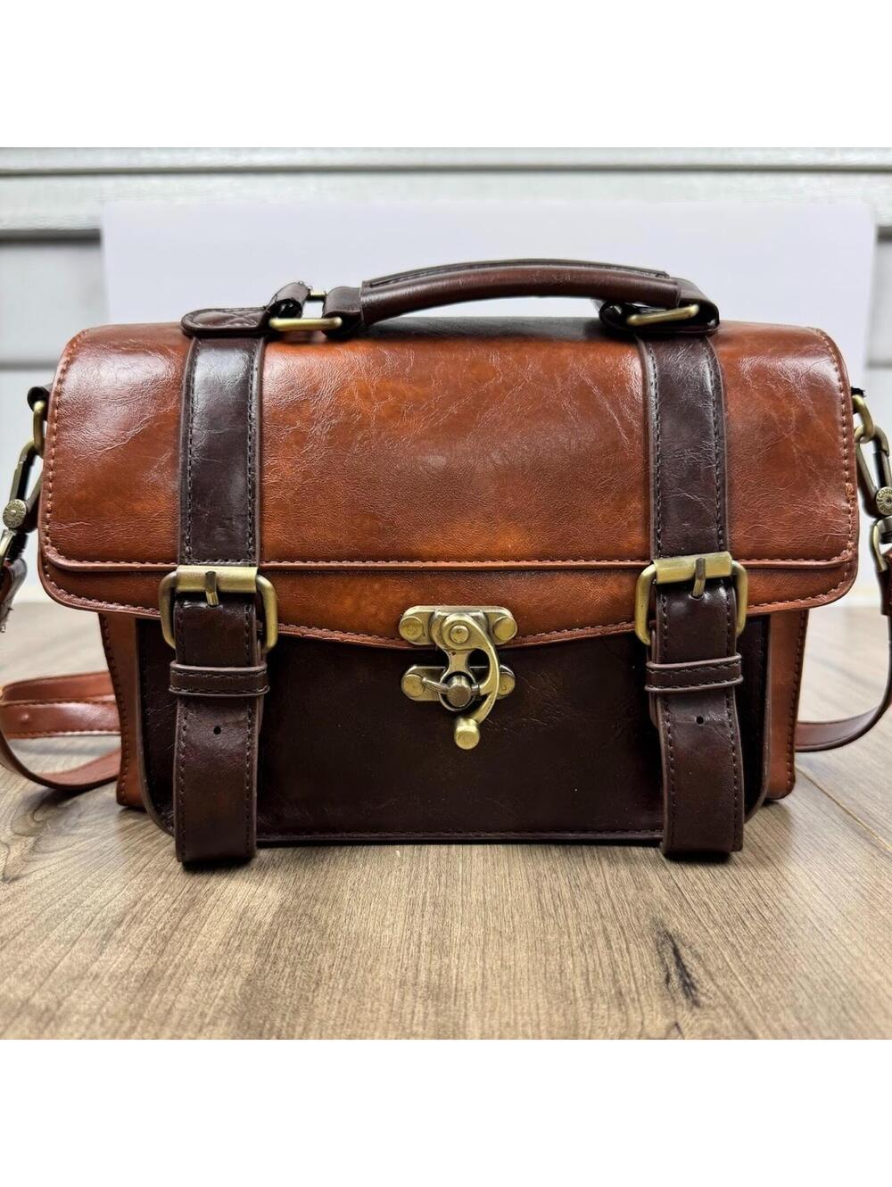 Ecosusi Woman Purse Messenger Bag Vegan Leather two tone Tan/Brown - Picture 2 of 5